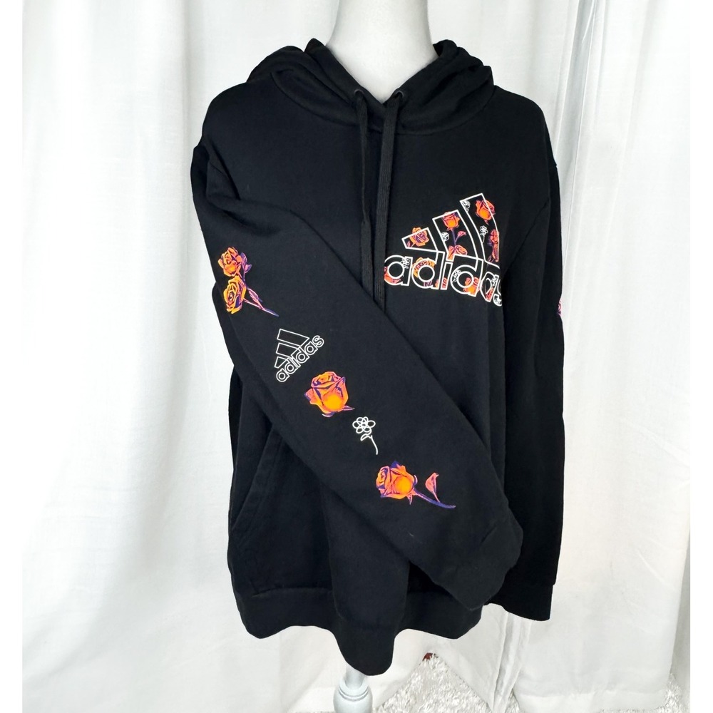 Adidas Women's L Black Rose Floral Graphic Hoodie Pullover Sweatshirt 2020 EUC